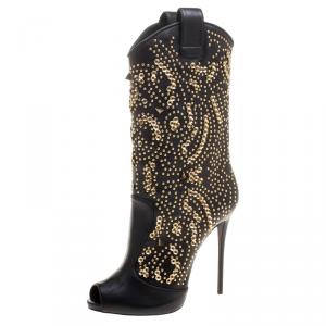 Pre Owned Giuseppe Zanotti Black Studded Leather Coline Peep Toe Mid Calf Boots Size 39
