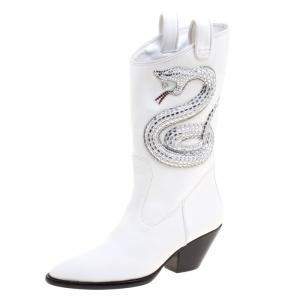 Pre Owned Giuseppe Zanotti White Snake Embellished Leather Guns 55 Cowboy Boots Size 38