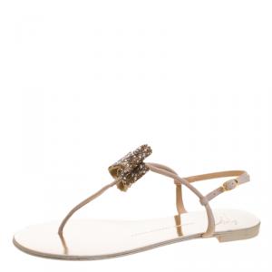 Pre Owned Giuseppe Zanotti Beige Suede Rock Crystal Embellished Bow Flat Thong Sandals Size 40.5