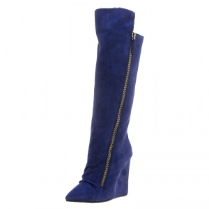 Pre Owned  Giuseppe Zanotti Blue Suede Guaz Fur Lined Wedge Knee Boots Size 38