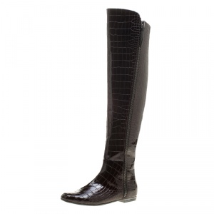 Pre Owned Giuseppe Zanotti Brown Croc Embossed Patent Ringotto Over the Knee Boots Size 36