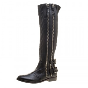 Pre Owned Giuseppe Zanotti Black Leather Zip Trimmed Cobain Knee Boots Size 36
