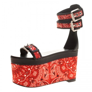Pre Owned Giuseppe Zanotti Red Floral Printed Satin And Leather Ankle Strap Platform Sandals Size 37