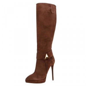 Pre Owned Giuseppe Zanotti Brown Suede Pointed Toe High Heel Knee Boots Size 38.5