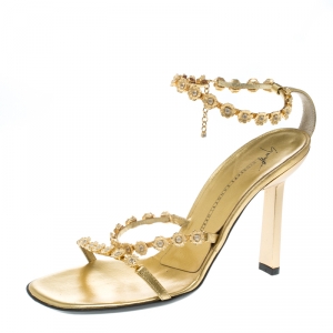 Pre Owned Giuseppe Zanotti Metallic Gold Flower Embellished Lola Strappy Sandals Size 37