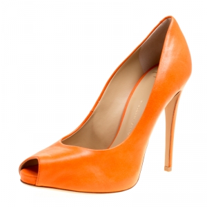 Pre Owned Giuseppe Zanotti Orange Leather Peep Toe Pumps Size 39