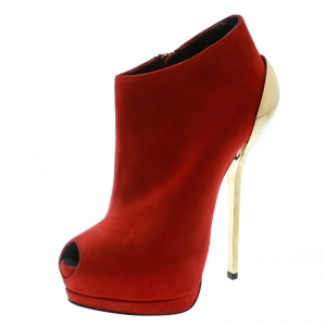 Pre Owned Giuseppe Zanotti Red Suede Peep Toe Platform Booties Size 36