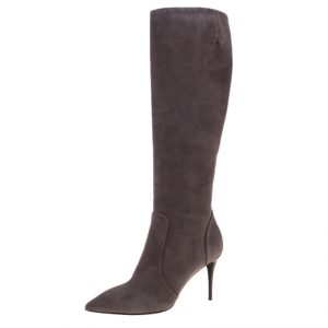 Pre Owned Giuseppe Zanotti Grey Suede Pointed Toe Knee Length Boots Size 38