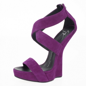 Pre Owned Giuseppe Zanotti Purple Suede Hi Wedge 'Alien' Sandals Size 36