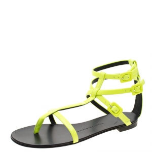 Pre Owned Giuseppe Zanotti Neon Green Leather Ankle Strap Flat Sandals Size 37