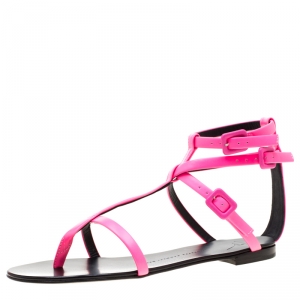 Pre Owned Giuseppe Zanotti Neon Pink Leather Ankle Strap Flat Sandals Size 38
