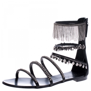 Pre Owned Giuseppe Zanotti Black Satin Embellished Strappy Flat Sandals Size 39