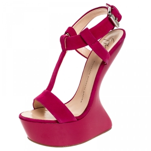 Pre Owned Giuseppe Zanotti Magenta Suede T Strap Sculpted Wedge Sandals Size 38.5