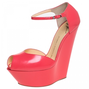 Pre Owned Giuseppe Zanotti Coral Leather Peep Toe Platform Wedge Sandals Size 39