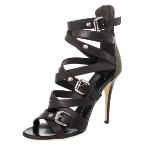 Pre Owned Giuseppe Zanotti Brown Strappy Leather Buckle Zip Sandals Size 39