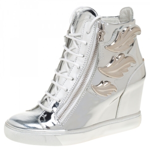 Pre Owned Giuseppe Zanotti Silver Patent Leather Lorenz High Top Wedge Sneakers Size 40