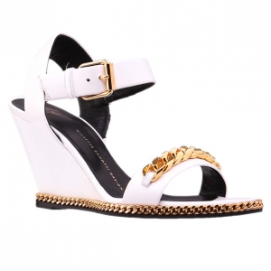 Pre Owned Giuseppe Zanotti White Leather Coline Chain Detail Wedge Sandals Size 38