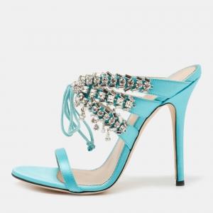 Pre Owned Giuseppe Zanotti Sky Blue Satin Crystal Embellished Slide Sandals Size 37