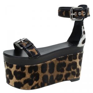 Pre Owned Giuseppe Zanotti Black Leather and Leopard Calf Hair Ankle Strap Platform Sandals Size 37.5