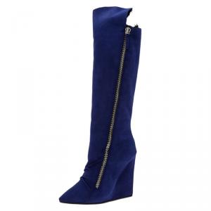 Pre Owned  Giuseppe Zanotti Blue Suede Guaz Fur Lined Wedge Knee Boots Size 38.5
