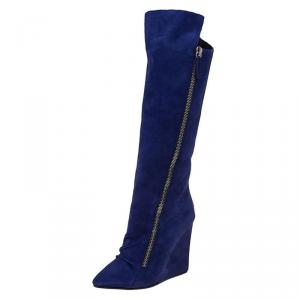 Pre Owned Giuseppe Zanotti Blue Suede and Fur Lining Guaz Wedge Knee Boots Size 37