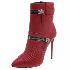 Pre Owned Giuseppe Zanotti Red Quilted Leather Double Zip Accent Boots Size 38
