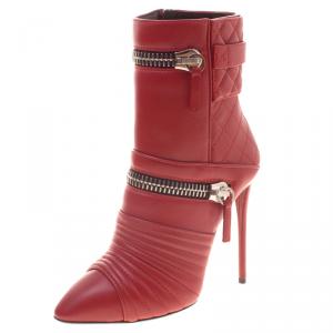 Pre Owned Giuseppe Zanotti Red Quilted Leather Double Zip Accent Boots Size 37