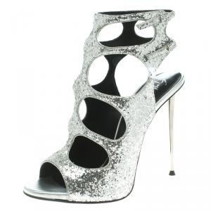Pre Owned Giuseppe Zanotti Silver Glitter Cutout Ankle Strap Sandals Size 37.5