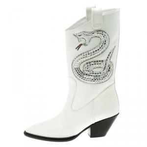 Pre Owned Giuseppe Zanotti White Snake Embellished Leather Guns 55 Cowboy Boots Size 37.5