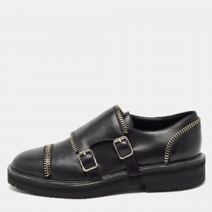 Giuseppe Zanotti Black Leather Zip Trimmed Monk Loafers Size 36