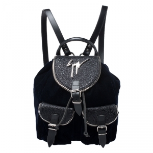 Giuseppe Zanotti Navy Blue Velvet and Leather Backpack