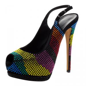 Pre Owned Giuseppe Zanotti Multicolor Crystal Studded Suede Platform Slingback Sandals Size 37