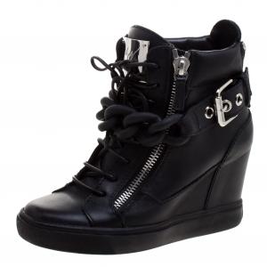 Pre Owned Giuseppe Zanotti Black Leather Lorenz Birel Wedge Sneakers Size 38