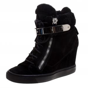 Pre Owned Giuseppe Zanotti Black Suede and Shearling Trim Lorenz Wedge Sneakers Size 39