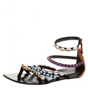 Pre Owned Giuseppe Zanotti Multicolor Crystal and Shell Embellished Flat Sandals Size 40