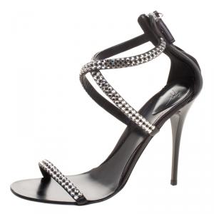 Pre Owned Giuseppe Zanotti Black Crystal Embellished Leather Cross Ankle Strap Sandals Size 37.5