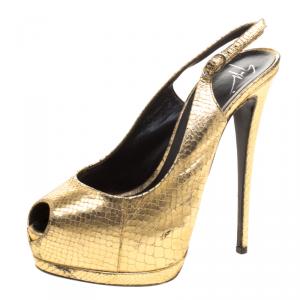 Pre Owned Giuseppe Zanotti Metallic Gold Python Embossed Leather Peep Toe Platform Slingback Sandals Size 39