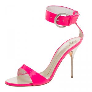 Pre Owned Giuseppe Zanotti Fluorescent Pink Patent Leather Ankle Cuff Sandals Size 36