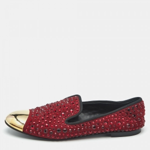 Giuseppe Zanotti Burgundy Suede Cap Toe Crystals Embellished Smoking Slippers Size 41
