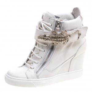 Pre Owned Guiseppe Zanotti Off White Leather Gator Detail High Top Wedge Sneakers Size 39 