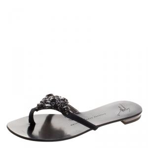 Pre Owned Giuseppe Zanotti Black Crystal Embellished Flat Sandals Size 37.5