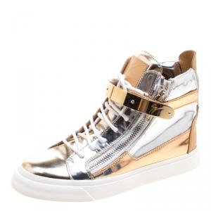 Pre Owned Giuseppe Zanotti Metallic Leather High Top Sneakers Size 38