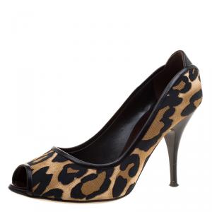 Pre Owned Giuseppe Zanotti Leopard Print Fabric Peep Toe Pumps Size 37