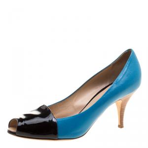 Pre Owned Giuseppe Zanotti Blue/Black Patent Leather Peep Toe Pumps Size 37