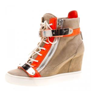 Pre Owned Giuseppe Zanotti Beige Suede and Fluorescent Orange Patent Leather Wedge Sneakers Size 40