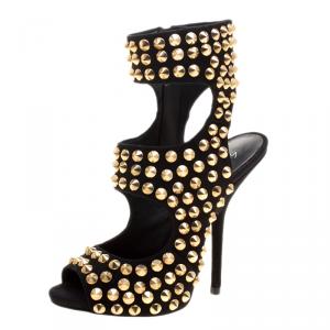 Pre Owned Giuseppe Zanotti Black Stud Embellished Suede Cut Out Peep Toe Sandals Size 37