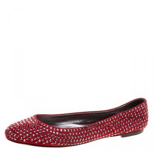 Pre Owned Giuseppe Zanotti Red Crystal Embellished Suede Ballet Flats Size 38.5