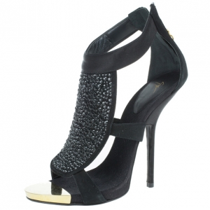 Pre Owned Giuseppe Zanotti Black Satin and Suede Crystal Sandals Size 39