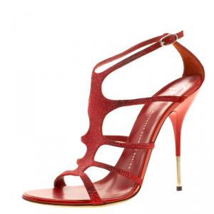 Pre Owned Giuseppe Zanotti Red Suede Crystal Embellished Strappy Sandals Size 41