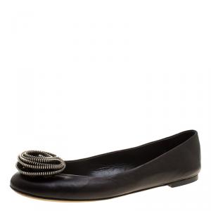 Pre Owned Giuseppe Zanotti Black Leather Rose Embellished Ballet Flats Size 41.5
